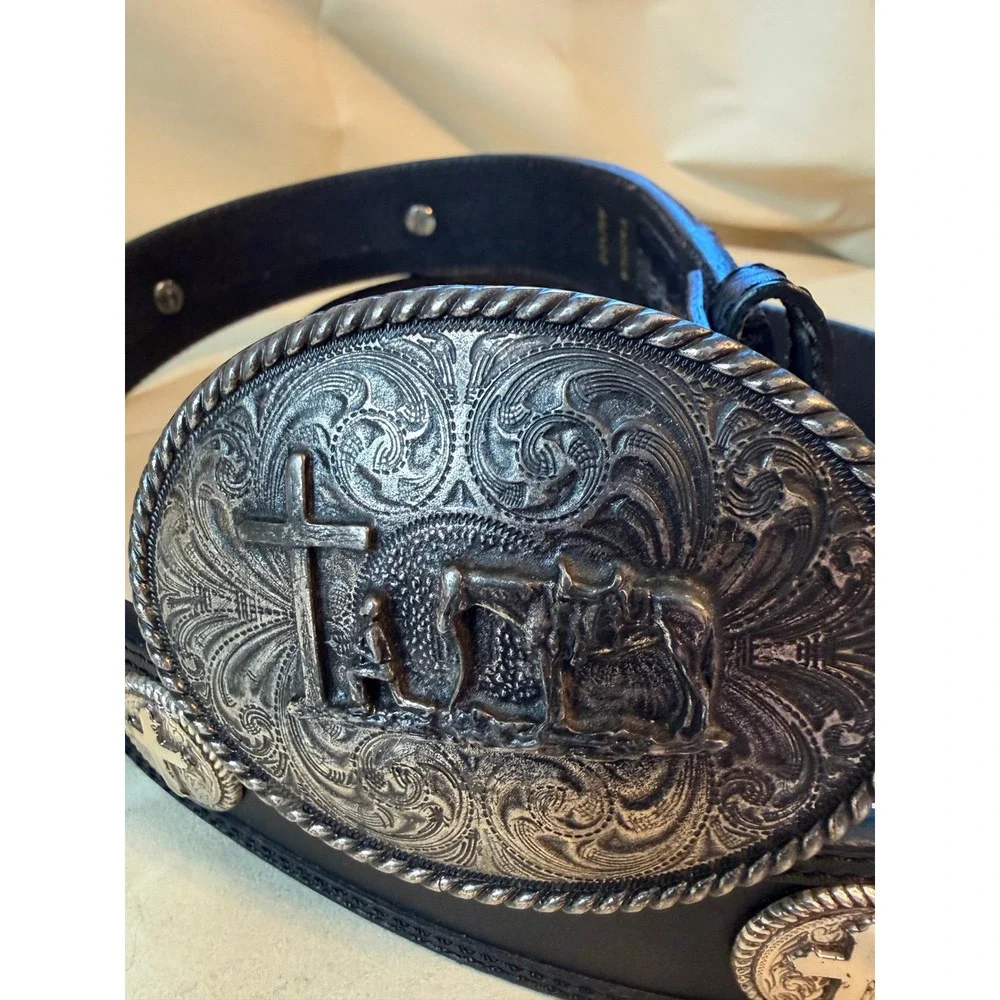 Ariat Belt Mens 40 Western Black Leather Kneeling Cowboy Cross Faith 730602